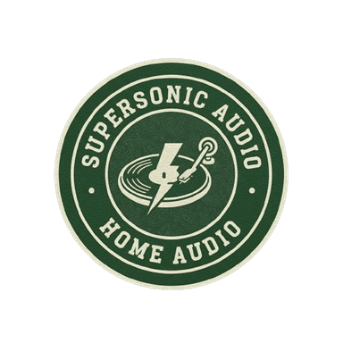 Supersonic Audio brand banner. Deep green background with centered circular logo. Premium home audio.